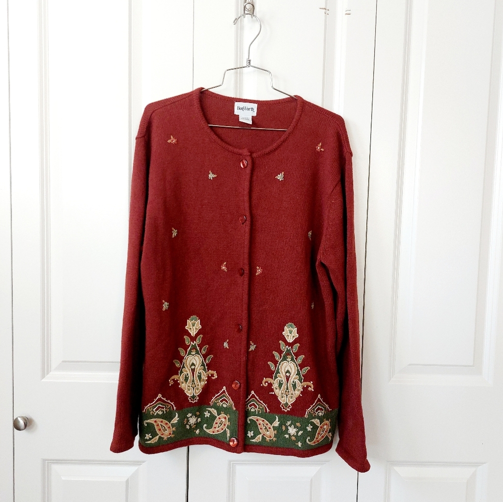Burnt Orange/Rust Cardigan‎ Paisley Embroidery Large BonWorth Cottage Granny